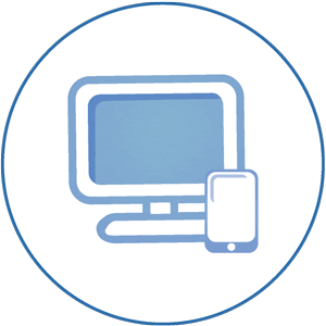 A logo of a computer in blue with white background